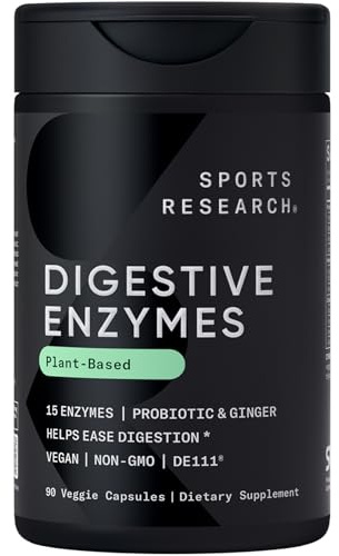 Sports Research Digestive Enzymes with Probiotics & Ginger - Plant Based for Dairy, Protein, Sugar & Carbs - Non-GMO Verified & Vegan Friendly (90 Veggie Capsules)