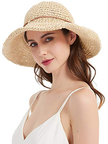 Sommerhüte für Frauen am Strand, Schlapphüte mit breiter Krempe, Fedora-Hüte, Sonnenschutz-Hüte für Frauen, Beige, Strohhut 211-beige, Einheitsgröße