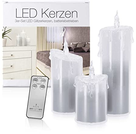 LED Universum - LED Acryl Glitzerkerzen Set „Liza“, 13,5 cm | 17 cm | 24 cm, inkl. IR-Fernbedienung & Timer, Batteriebetrieben je 3 x AAA (nicht inkl.) (3er Set Silber)