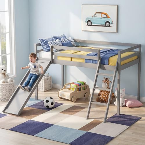 Panana Bunk Bed with Slide Wooden Loft 3FT Single Bed Frame for Kids (Grey)