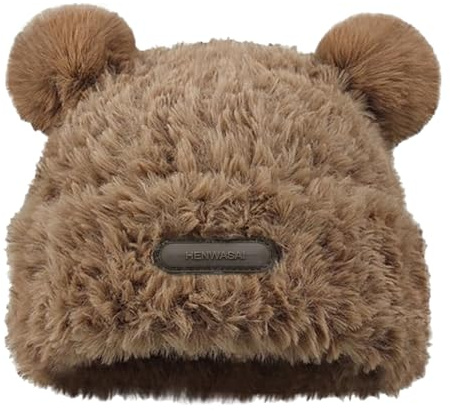 Cute Fuzzy Bear Ear Beanie Hat for Women Skin-Friendly Plush Warm Woolen Hat Winter Faux Fur Animal Knitted Hat Cap (Khaki)