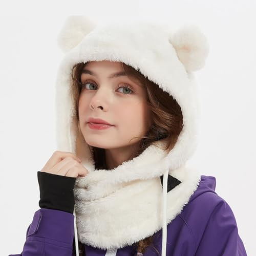 Winter Skiing Helmet Covers for Adult and Kids, Cute Bear Ear Plush Warm Windproof Outdoor Sports Face Cover for Half Helmet (Helmet Not Included)-C