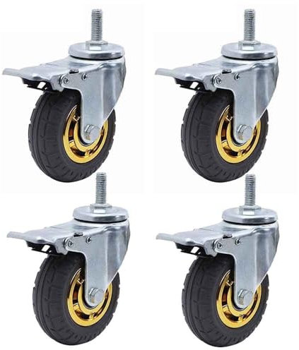 ZYBOWAYL 4 Stück Strandkorbrollen mit Gewinde M12 Lenkrollen aus Gummi Schwenkrollen mit Bremse 360 Grad Drehbar Tragfähigkeit 225kg (Color : With Brake, Size : 5inch)