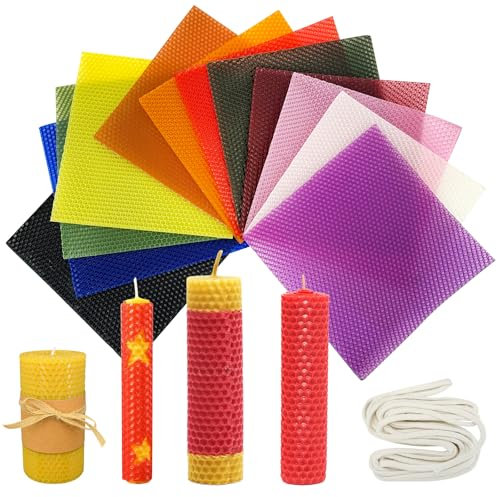 Yuragim Bienenwachs-Kerzenherstellungs Set, Bienenwachsplatten für Kerzen, 12 Farben Bienenwachsplatten 20 * 20 cm mit 1m Baumwolldocht,DIY Bienenwachs Kerzen Selber Machen für Erwachsene und Kinder