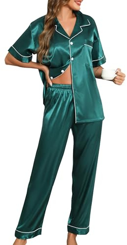 Lovasy Pigiama Raso Donna a Maniche Corte Pigiama Due Pezzi Seta Corto Set con Bottoni Revers Pigiama con Tasche, Y-Verde Scuro XXL