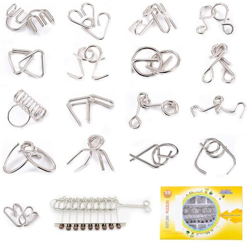 OBEST 18 Pezzi Giochi Puzzle in Metallo, Rompicapo Gioco di Pensiero Educativi, Classico Giocattolo Composto da 9 Collegamenti Incastro, IQ Test 3D Sblocco Interlocking Puzzle per Bambini e Adulti