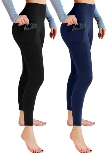 Leafigure 2er Pack Sport Leggings Damen High Waist Sporthose Damen Mit Taschen Gym Leggings Blickdicht für Sport Yoga Schwarze/Navyblau LXL
