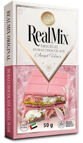 REALMIX Rosa Schokolade direkt aus Dubai VAE | Echter Dubai-Schokoladengenuss mit Himbeeraroma, gefüllt mit Zuckerwatte, Pistazien und Kadayif (50 grammes, Rosa Schokolade)