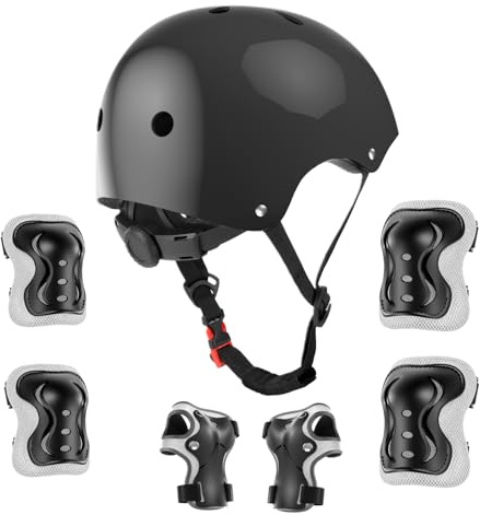 LEIKEEGO Kids Bike Helmets, Adjustable Kids Helmet and Pads Set, Age 3-10 Boys,Girls&Toddler Helmet, Knee and Elbow Pads for Cycling, Skateboard, Scooter, Roller Skating(Black)