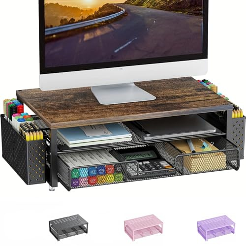 Pygocereri Monitor Stand Riser, Desk Accessories and Organizer with Drawer and 2 Pen Holder, Desk Monitor Riser for Screen, Ergonomic Desktop Stand for Work Office Accessories (Wood)