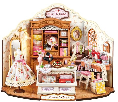 ROBOTIME DIY Miniature Dolls House Kit Elsa's Tailoring, Wooden Building Kits with LED Lights, Model Kits for Adults to Build, Home Decor Birthday Gifts for Girls Women