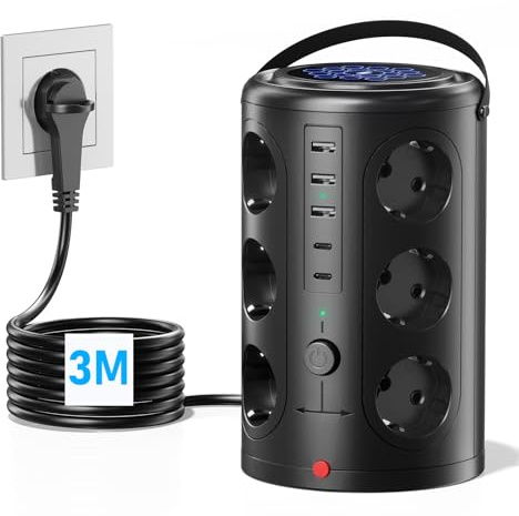 Pluackg Mehrfachsteckdose mit 5 USB, 12 Fach Steckdosenleiste mit Schaltbar Überspannungsschutz, 3M Verlängerungskabel Steckdosenturm Mehrfachstecker für Zuhause, Büro Schwarz