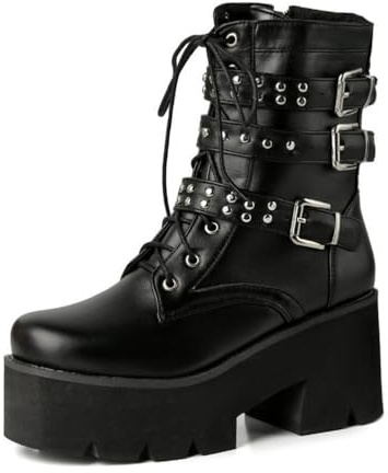 ZhiQin Noir,47 EU, Bottes de Cheville Punk à Lacets avec Clous de Griffes et Boucles à Plateforme Épaisse pour Femmes, Bottines Gothiques à Talons Hauts