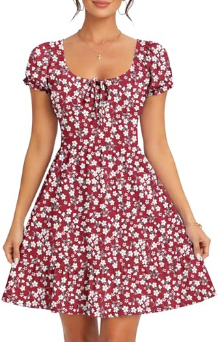 AUSELILY Vestido Mujer Verano Cuello en U Mangas Abullonadas Vestidos