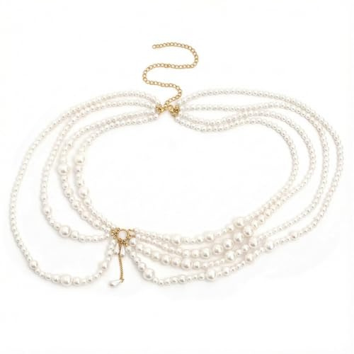Multi-Layer Pearl Waist Chain – Adjustable Long Pearl Belt – Trendy White Hip & Belly Body Chain – Pearls Dress Chains for Women – Beach Bikini Jewelry Accessories