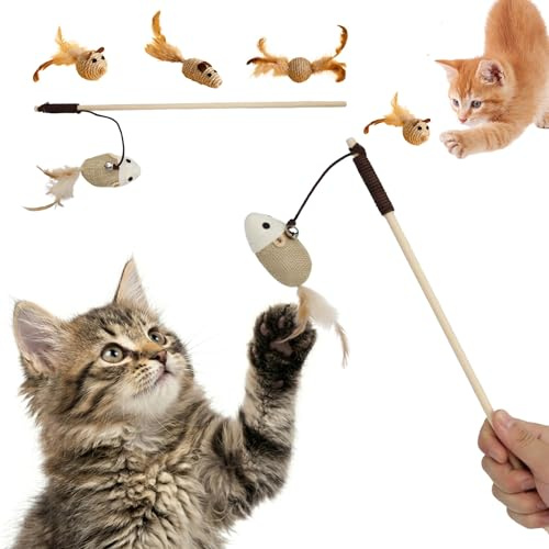 Paws Boutique Set de 4 Piezas Resistentes para el Ingenio y Entretenimiento de Mascotas | Juguetes Interactivos para Gatos y Gatitos | Kit de Estimulación con Caña o Varita de Madera Natural y Plumas