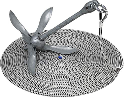 Seilflechter - Ankerset inkl. Festmacher 10 mm Ø, 30m Länge, 6kg Klappanker, 12mm Schäkel, rostfreie Edelstahl-Kausche fest eingespleißt, Taifun Ankerleine in Schwarz/Weiß mit 1.9000 daN Bruchlast