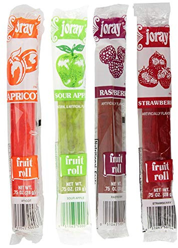 Joray Fruit Roll Variety Pack! Apricot, Strawberry, Raspberry, Sour Apple.75 Oz Fruit Leather (Total of 24 Fruit Leathers)