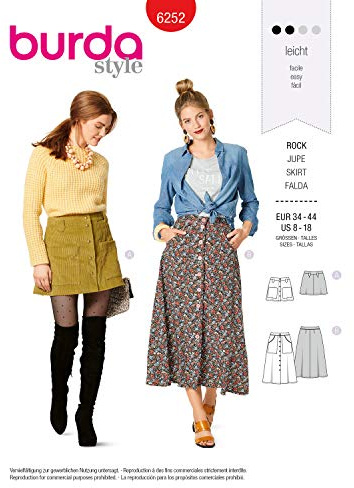 Burda Style Sewing Pattern B6252 Misses’ Skirts, Front Fastening, Mini or Midi Length with Pocket Variations