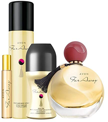 Avon Far Away Duft-Set 4tlg. Eau de Parfum Spray/Deospray/Deoroller/Taschenspray pudrig/Vanille/Moschus