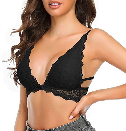 SHEKINI spets BH för kvinnor utan bygel, avtagbara kuddar, triangel-bh, andas och bekväm, Bralette spets, Svart, 6072, L