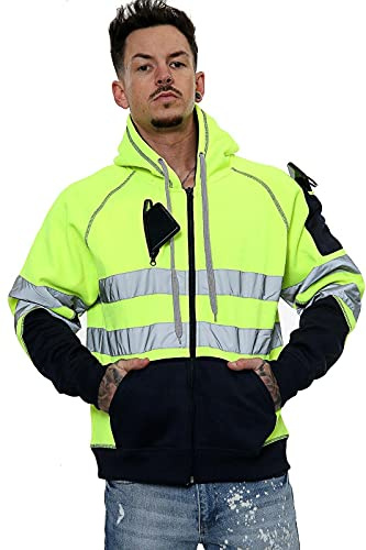 Hamishkane Ny herr reflekterande Hi Vis synlighet huvtröja kontrast lapp fleece arbete huvtröja jacka, 3 fickor med dragkedja neon gul/marinblå – huvtröja med dragkedja, XL
