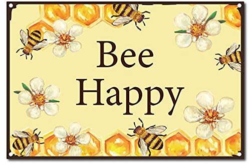 CREATCABIN Cartel Chapa Metal Abeja Feliz Retro Vintage Divertido Decoración Pared Decoración Arte Mural Colgante Pintura Hierro para el Hogar Jardín Bar Pub Cocina Sala Estar Placa 8 x 12 Pulgada