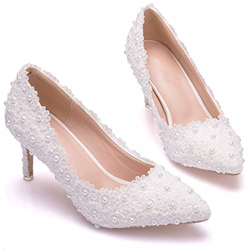 Scarpe da Sposa con Tacco Alto, Décolleté in Pizzo Bianco da Sposa, Scarpe da Sposa Imitazione Fiori Adatte per Matrimoni, Feste, Feste da Ballo,Bianca,37 EU