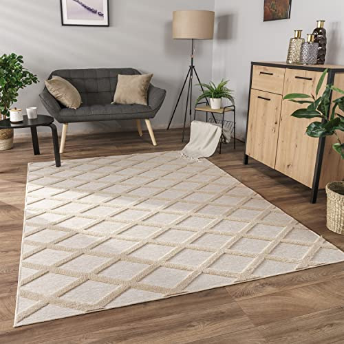 Paco Home Alfombra Salon De Habitacion Pelo Corto Motivo Boho Chic Motivo Nordica 3D Moderna, tamaño:60x100 cm, Color:Beige