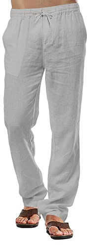 Pantaloni di Lino da Uomo Pantaloni di Cotone Casual da Spiaggia Estivi Pantaloni Leggeri con Coulisse