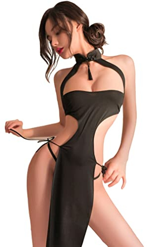 SINROYEE Lencería sexy de cosplay para mujer, vestido chino Cheongsam, disfraz de anime Qipao, camisón con abertura alta (#3 negro)