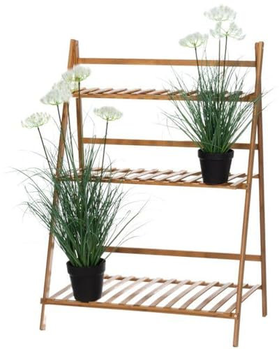 BAKAJI Fioriera Portafiori Bambu Legno Naturale Scaffale Espositore Per Vasi Fiori Pieghevole 3 Ripiani Livelli Per Piante 70x40x97 cm