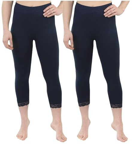 SES Capri leggings med spets 32–34 – 56–58 i 2-pack av bomull/ogenomskinliga leggings med spets/elastiska damleggings 3/4 långa bomull/leggings för kvinnor med spets med perfekt passform