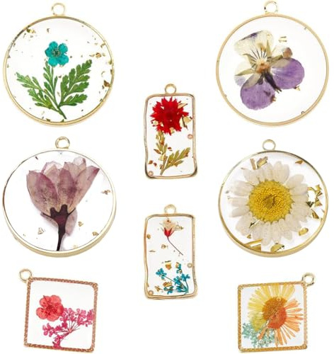 SUNNYCLUE 1 scatola 8 stili Ciondoli di Fiori Pressati In Resina Ciondoli di Fiori SecCHIs Ciondoli di Piante Naturali In Lega Trasparente per Creazione di Gioielli Ciondoli di Collane PortaCHIsavi Ma
