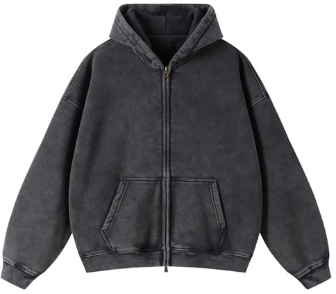HOUZONIY Herr överdimensionerad basic huvtröja med dragkedja Y2k hip hop huvtröja med dragkedja ledig streetwear sweatjacka herr med huva tröja jacka, Svart (tjock), XXL