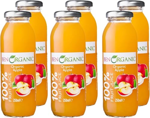 BenOrganic - Organic Apple Juice – Glass Bottles (12 x 250ml), 100% Natural Fruit Juice Drink, No Sugar, No Additives, Not from Concentrate