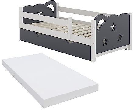 VitaliSpa Kinderbett 70x140 cm Jessica mit Schublade und Matratze - Grau/Weiß 146x53x76 cm aus Bambus - Bettschublade perfekt für Kinder, Geborgenheit für eine Nacht voller schöner Träume