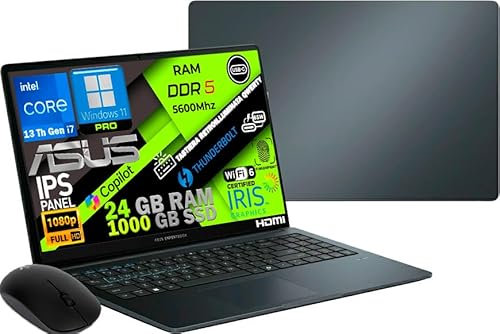 ASUS Notebook ExpertBook 15,6 Intel Core i7 13ª Gen 10-Core fino a 5GHz, 24GB RAM DDR5, 1TB SSD, Win11 Pro, WiFi6E, Thunderbolt, HDMI, Tastiera Retroilluminata, QWERTY, Fingerprint