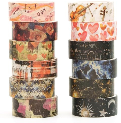 Songdao 12 rouleaux Expression artistique Washi Tape Set, Beaux-arts Ruban Adhésif Décoratif Plantes rétro Masking Tapes pour Arts, Bullet Journal, Scrapbooking, Bricolage, Emballage (2-Ethereal)
