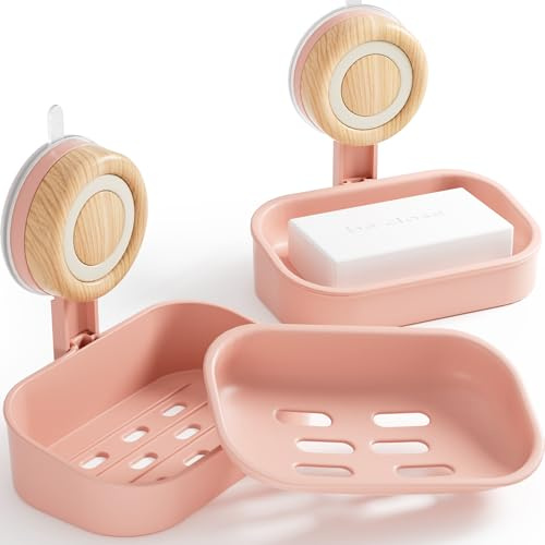 Double Layer Soap Dish for Shower 2 Pack, Wall Mounted Bar Soap Holder Suction Cup 2 Layer Self Draining Soap Case Sponge Holder for Shower Bathroom, Tub and Kitchen Sink, Drill-Free Tray (Pink)