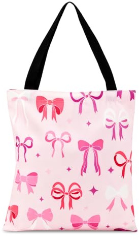 Cunegra Pink Bow Canvas Tote Bag, Canvas Tote Bags for Women, Reusable Shoulder Bag, Preppy Grocery Shopping HandBags for Shopping Work Vacation Gym