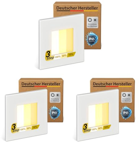 ledscom.de Lámpara LED para escaleras/empotrada en pared FEMA, 3 unidades, para interior y exterior, cuadrada, 80 x 80 mm, blanco cálido