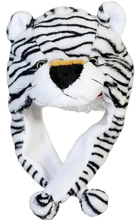 NICEYEA Kids Animal Costume Hat with Earflaps Funny Plush Animal Headgear Cute Winter Hat for Theme Party Christmas Halloween (White Tiger)