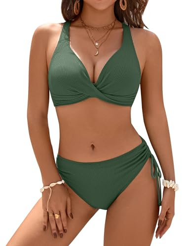 Blooming Jelly Womens Bikinis Sets Push Up Two Piece Bathing Suit Criss Cross Fixed Cup Swim Suit Cheeky Bikini Swimsuit(M,Army Green)