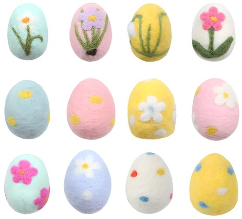 shallyong 12 Uova di Pasqua in Feltro, Ovetti Pasquali Pastello con Motivo Floreale, Decorazioni Pasquali in Feltro per Interni & Esterni, Uova di Pasqua Colorate Decorative