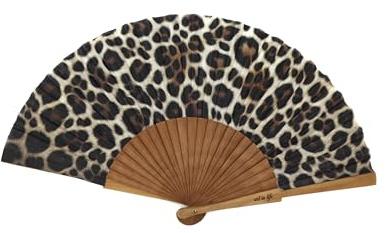 Sauga Abanico Artesanal Leopard Print – Madera de Peral y Algodón – Diseño Art in Life (23 cm)