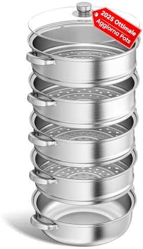 Vaporiera per cucinare Pentola per cottura a vapore in acciaio inossidabile da 28 cm con cestello per cottura a vapore, pentole a 3/4/5 livelli con coperchio per cucinare verdure, zuppe (5 livelli)