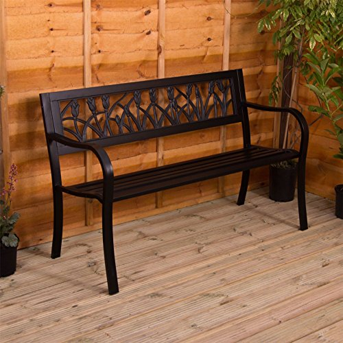 Garden Vida Banc de jardin en acier, motif tulipe, 3 places, meuble d’extérieur, pour parc et patio, Noir