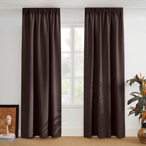 PONY DANCE Verdunklungsgardine für Schiene Wärmeisolierende Vorhänge für Wohnzimmer 2er Set H 245 x B 140 cm Braun, Thermovorhang Hitzeschutz Kräuselband Gardinen Blickdicht