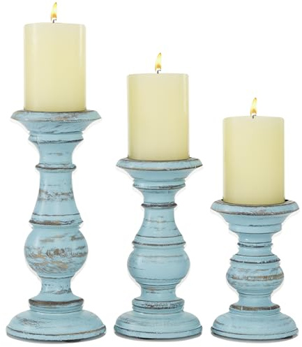 Deco 79 Mango Wood Decorative Candle Holder Distressed Turned Pillar Candle Stand, Set of 3 Candlestick Holder 6, 8, 10H, Light Blue